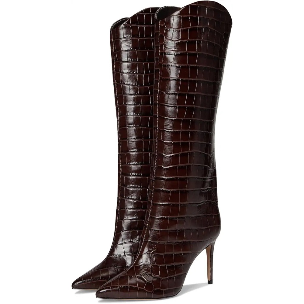 SCHUTZ Maryana Dark Brown Croc-Embossed Heeled Boots